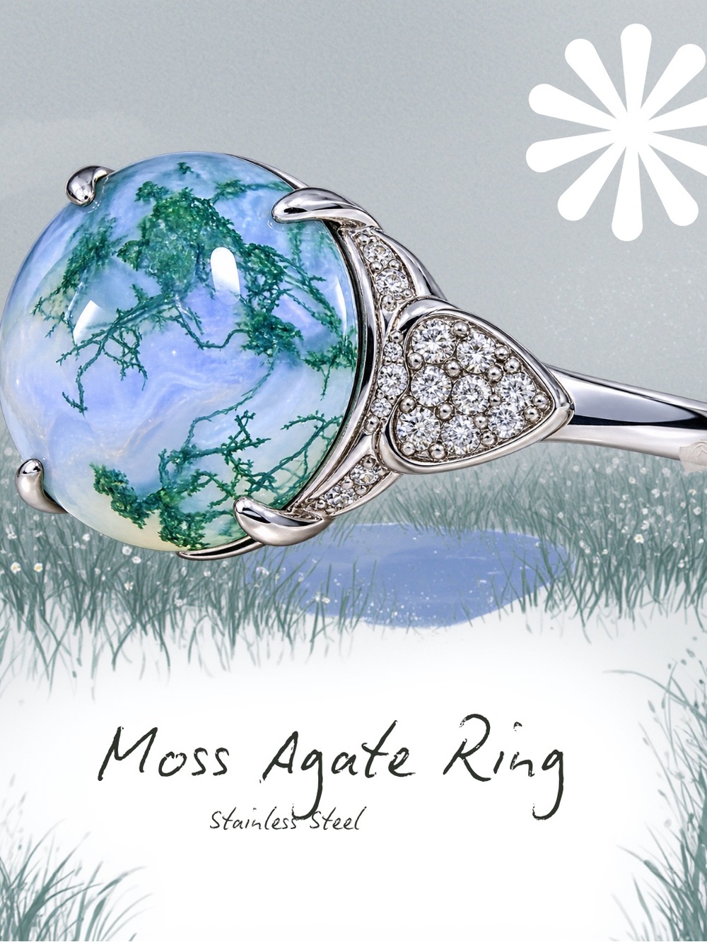 Stainless Steel Moss Agate Ring